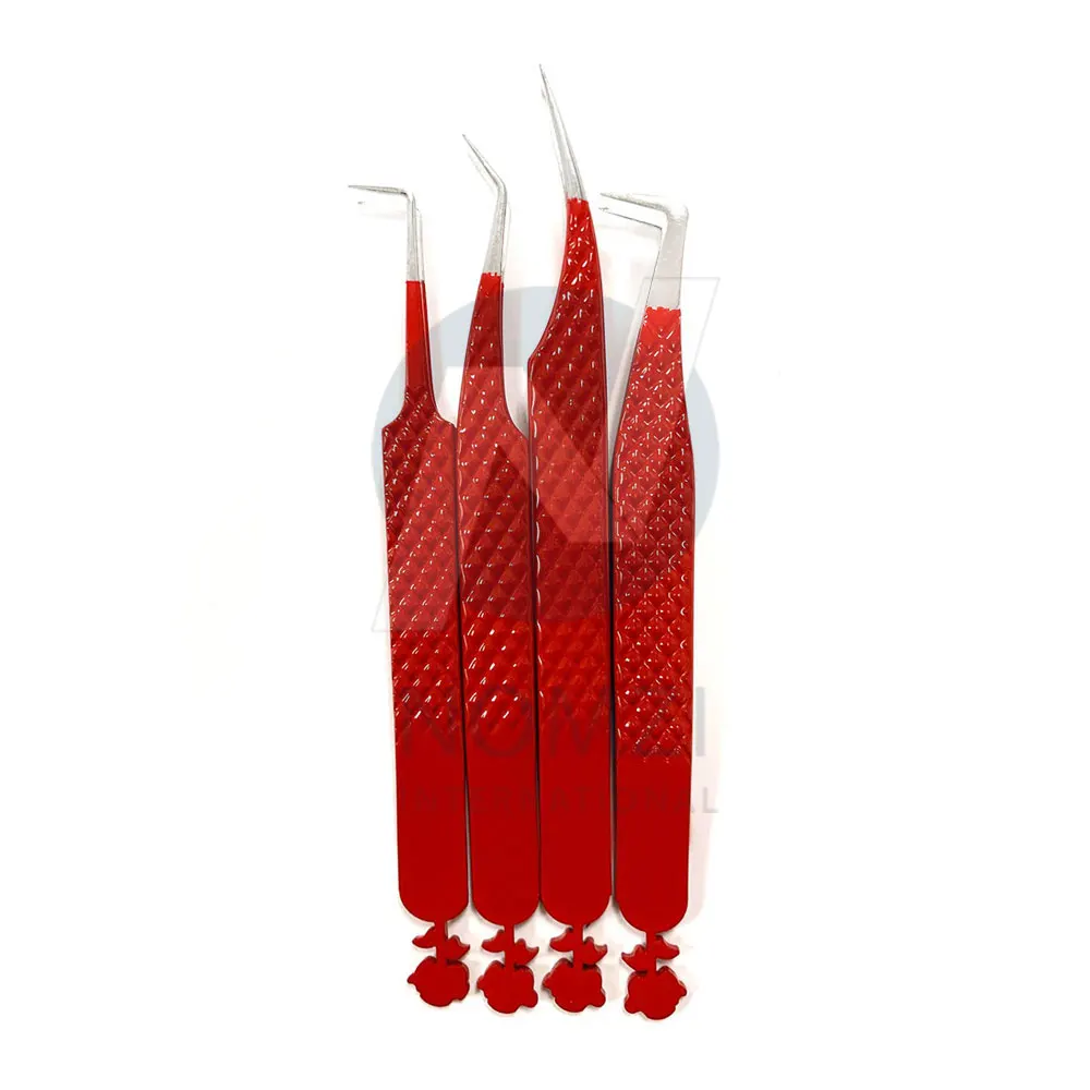 Stainless Steel Diamond Grip Red Barbie Style Eyelash Extension Tweezers Customized Color Lash Tweezers Set With Magnetic Case