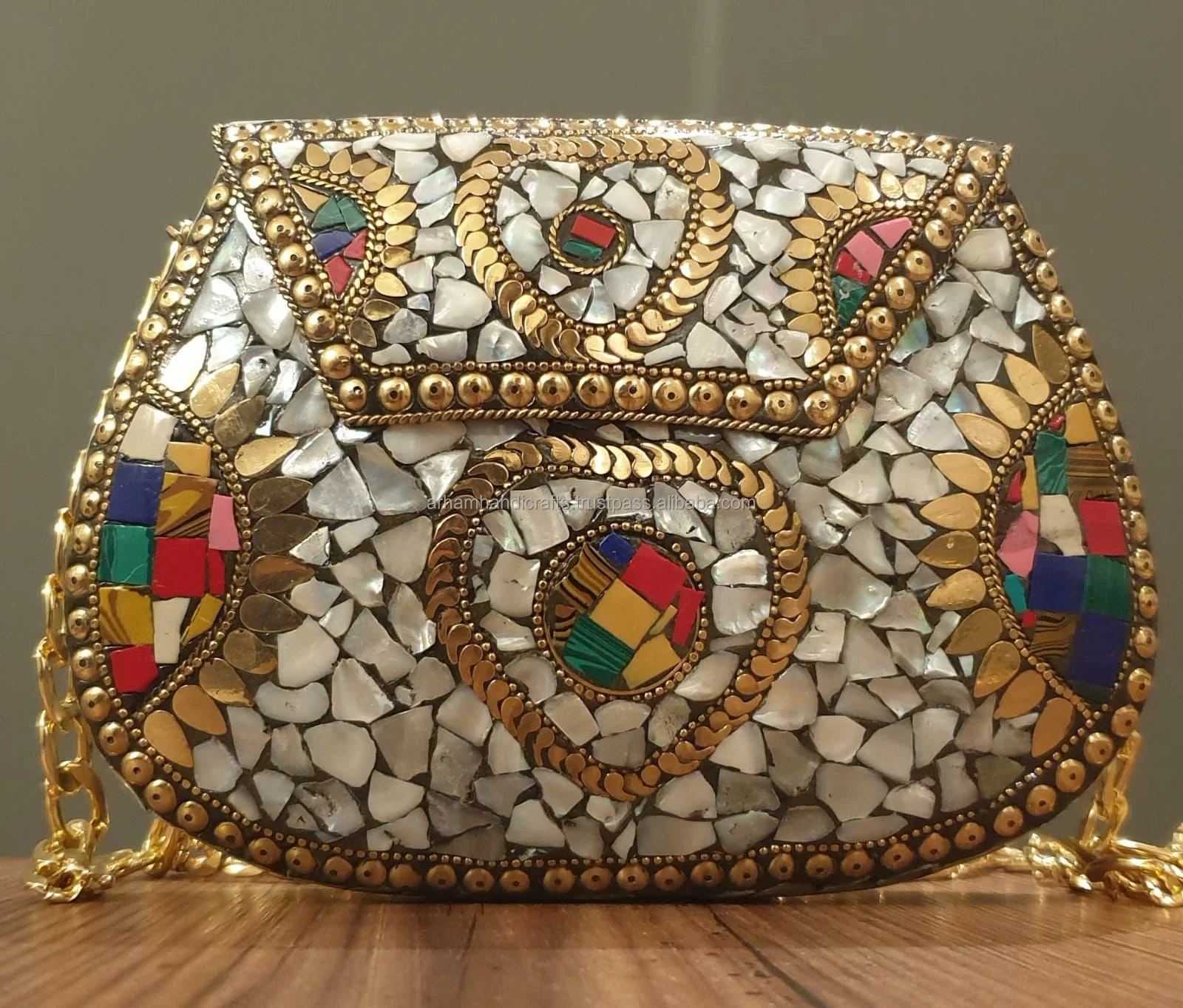 Mosaic Handmade Ethnic Clutch Ornate Bag Vintage Bag Boho Clutch Indian Bag Mother of Pearl Purse Metal Clutch by LUXURY CRAFTS