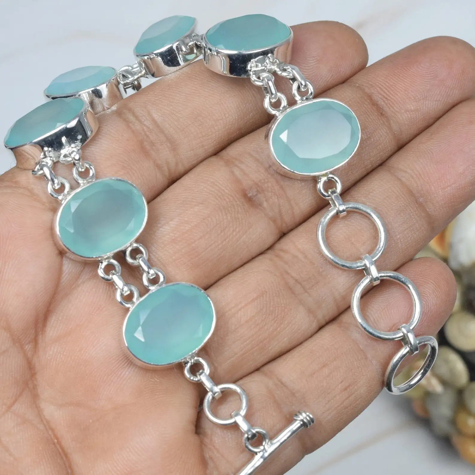 Натуральный Новый Aqua halcedony драгоценный камень Регулируемый 925 однотонный браслет из стерлингового серебра ручной дизайн причудливой формы фиолетовый
