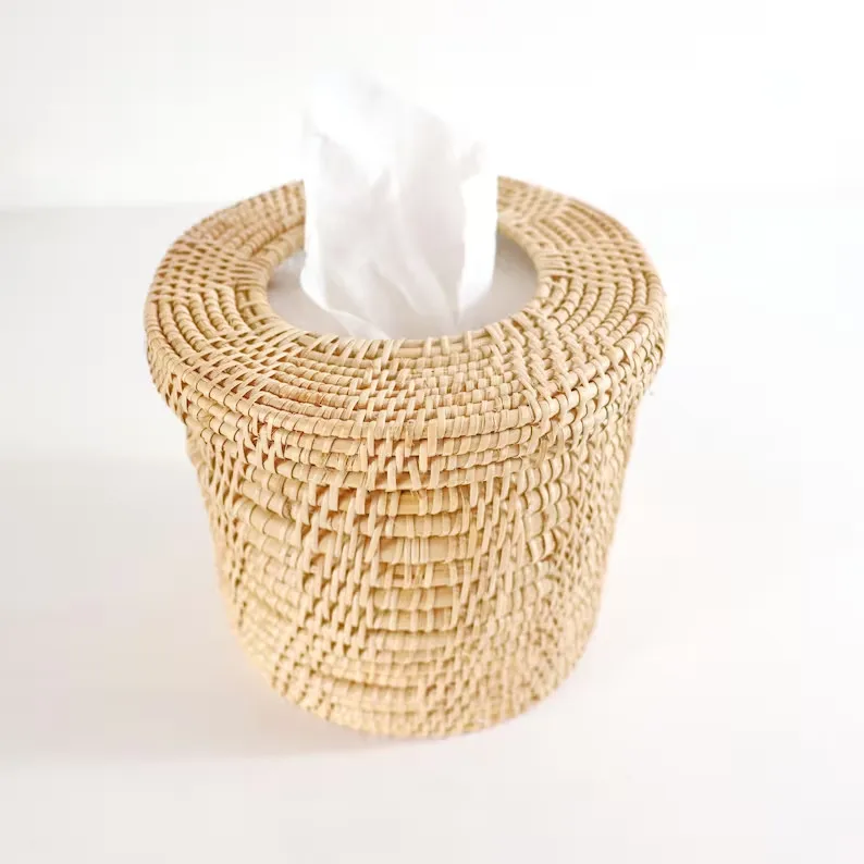 Top Selected Handmade Tissue Box Cover Woven Round Rattan Woven Dispenser Natural Rattan Handicraft Woven Round Made In Viet Nam