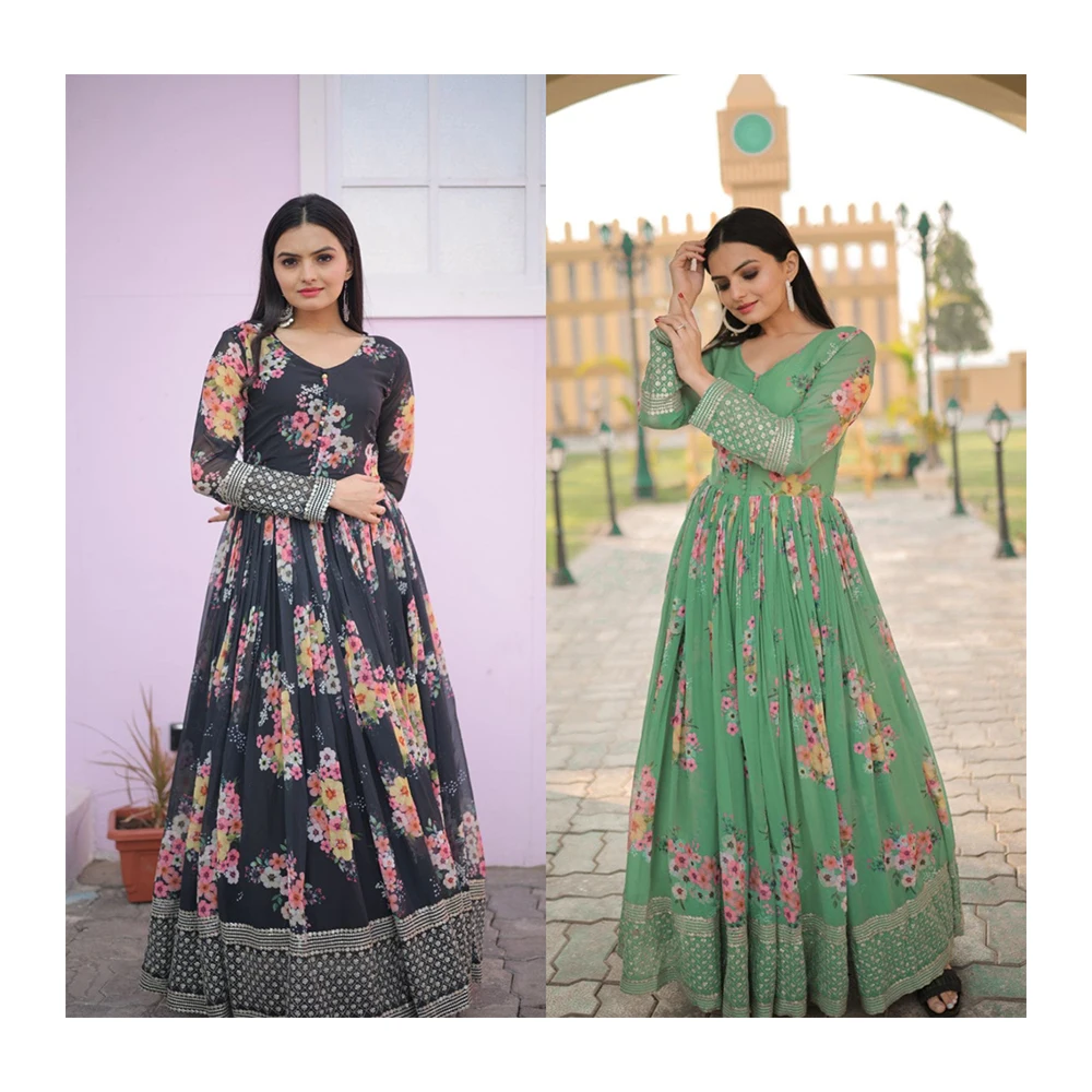 Luxury Clothing Designer Gown High Quality Faux Georgette Floral Printed Made by Zari-Thread & Sequins Embroidery