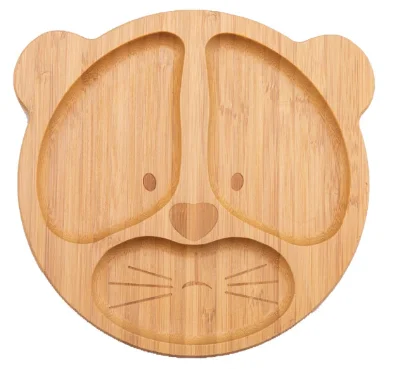 Reusable Bamboo Feeding Set 100% Eco-Friendly  Animal Shape Wooden Plate with Spoon and Fork