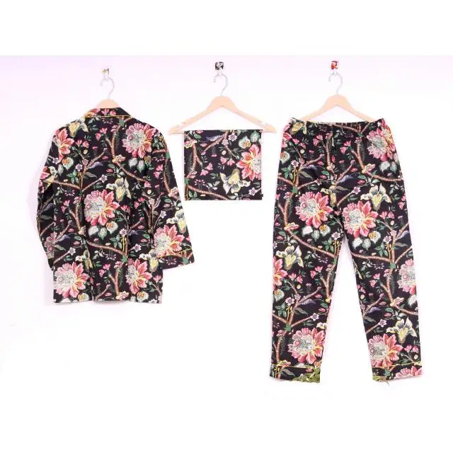 Beautiful Black Pajama Set, Summer Wear Dress, Floral Print Dress, Nightwear Pj Set, Block Print Dress, wholesale pajamas