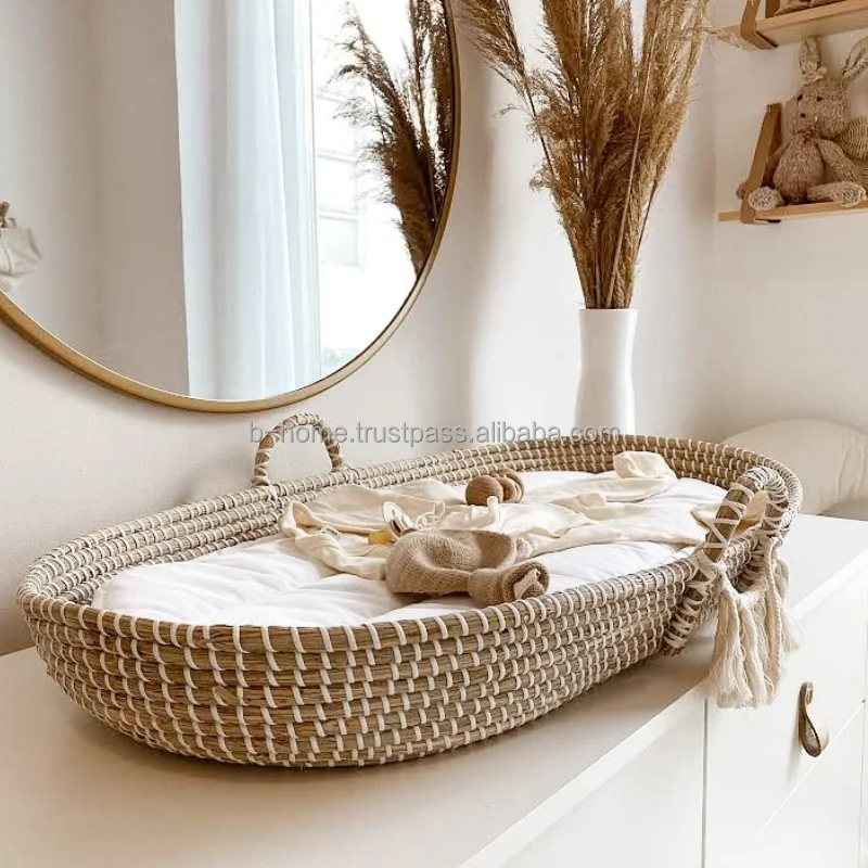 Seagrass Infant Changing Basket - 1 Fairtrade Soft Organic Cotton Waterproof Pads Eco Friendly handicraft Baby Bassinet/Crib