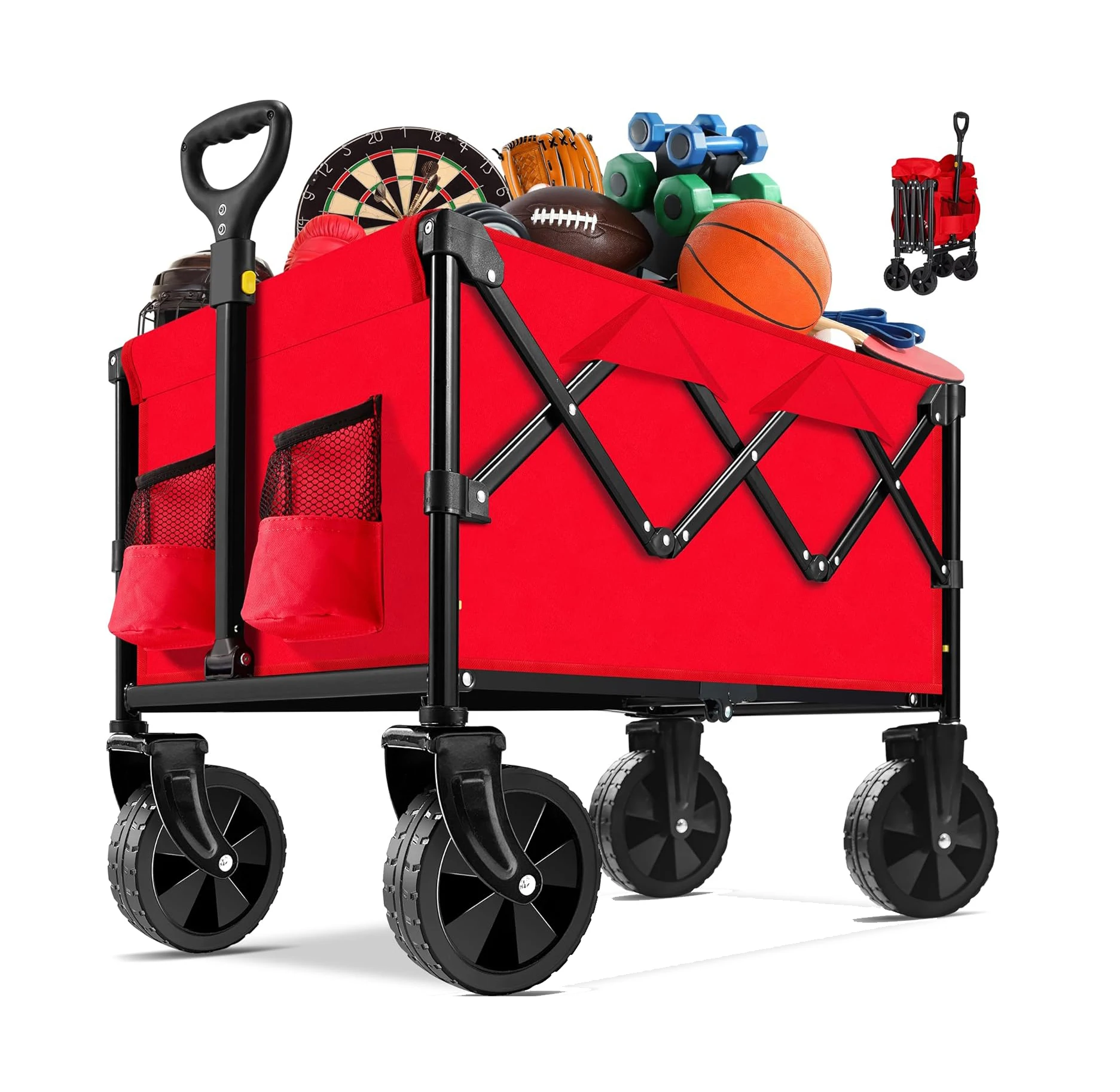 THCW10312 - Collapsible Folding Wagon Cart, Portable Beach Wagon Cart All Terrain with Large Capacity for Sport, Shopping, Red