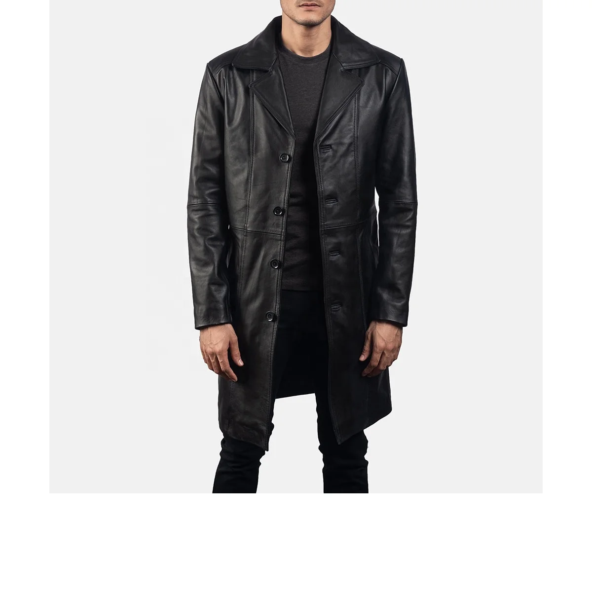 New Long Jet Black Leather Coats Fully customized With Front Style Double-breasted Buttons Belt Collar Style Shirt Center Back V
