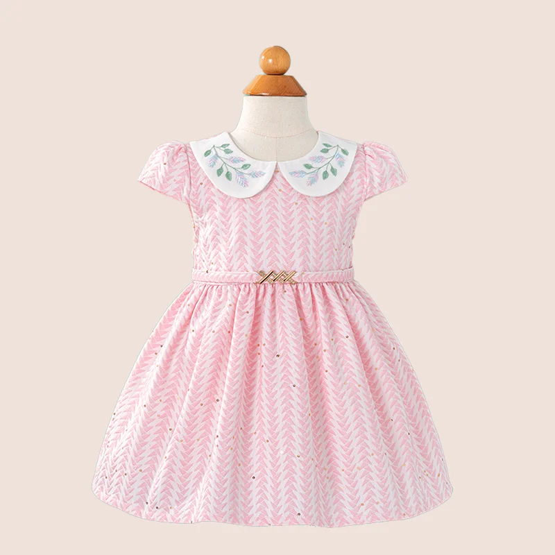 Vestidos de ninas Embroidered Cotton Kids Formal Dresses Pink Scallop Collar Girls Party Dress