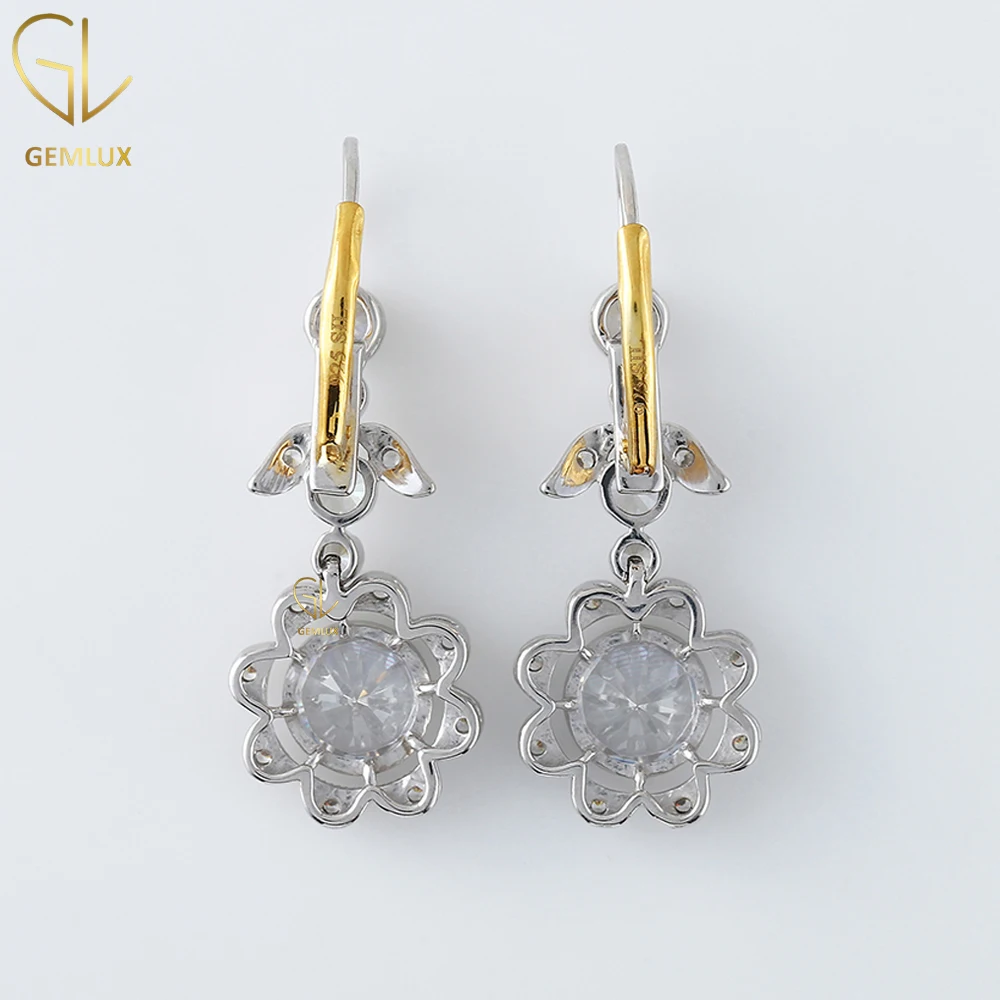Stunning Antique Art Deco Vintage Style Floral Drop Moissanite Diamond Bezel Set Milgrain Earring Two Tone Gold Wedding Earring