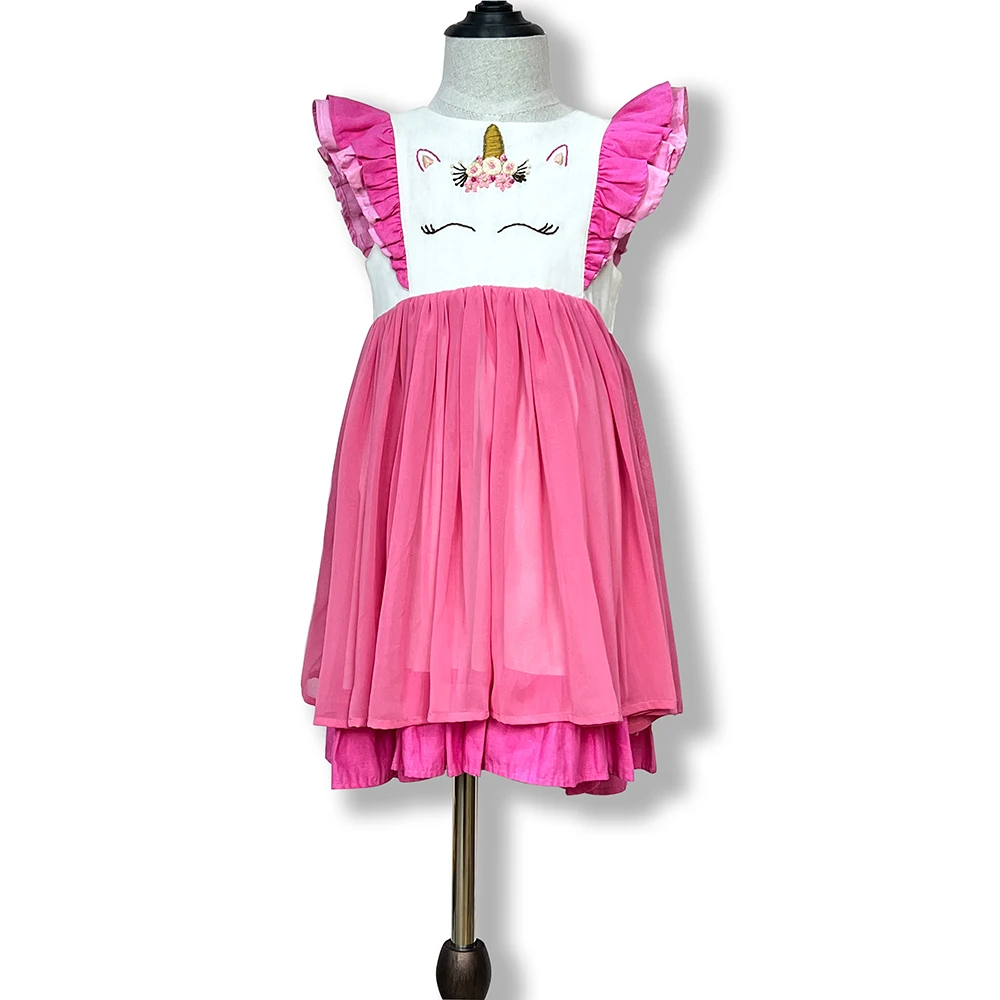 Beautiful girls in hot night pink dress for chiffon dress with unicorn hand embroidery girls dresses