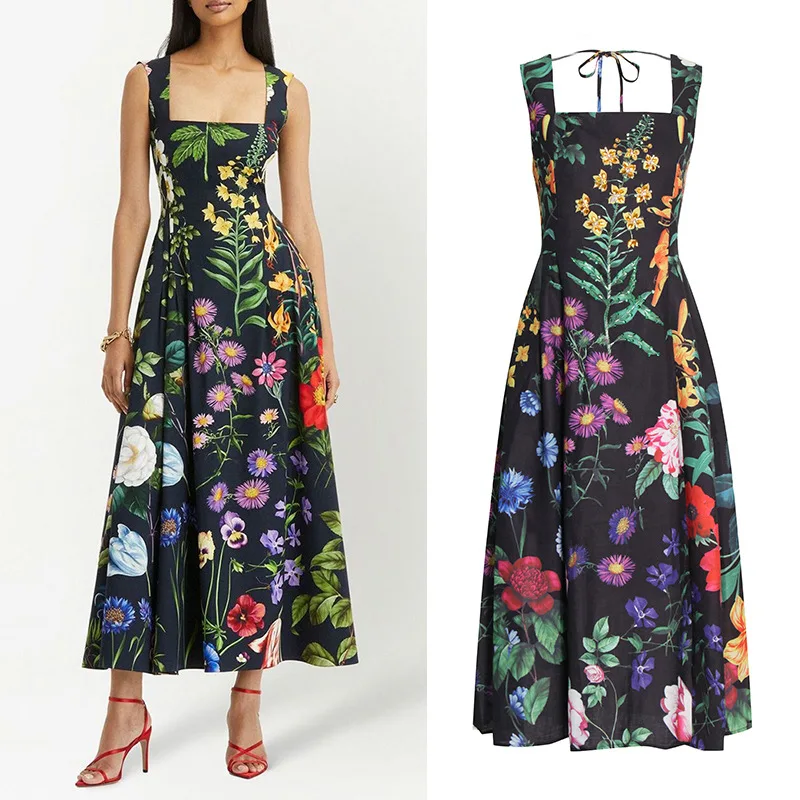 European And American Elegant Style Printed Strap Square Neck Pin Bead Strap Flora Woman Long Maxi Dress Ladies