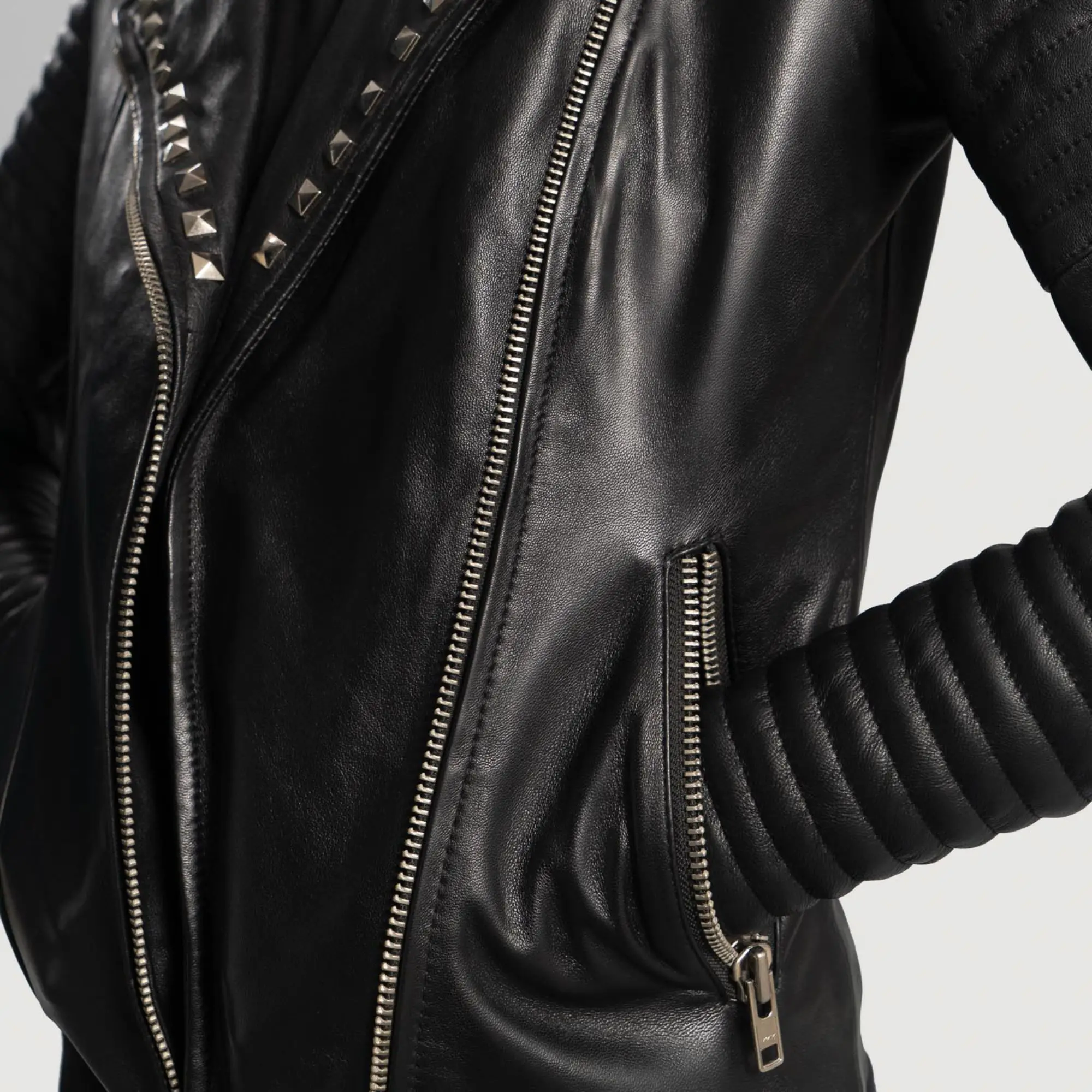 Real Leather Sheepskin Aniline Zipper Sally Mae Studded Black Women Biker Jacket with Quilted Viscose Lining and Inside Outside