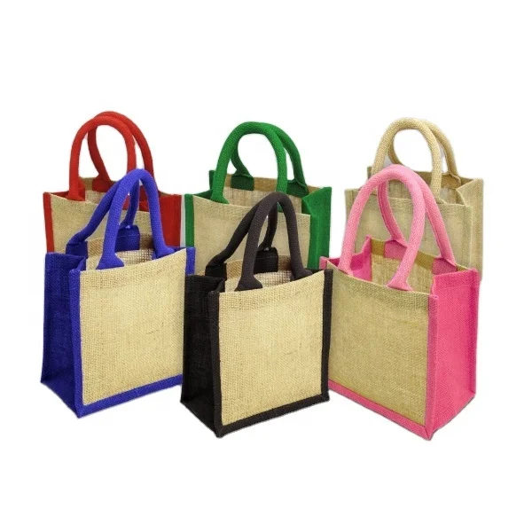 Blank Reusable Grocery Burlap Jute Gift Shopping Tote Bags Waterproof Inside high quality jute bag with white Cotton Handle