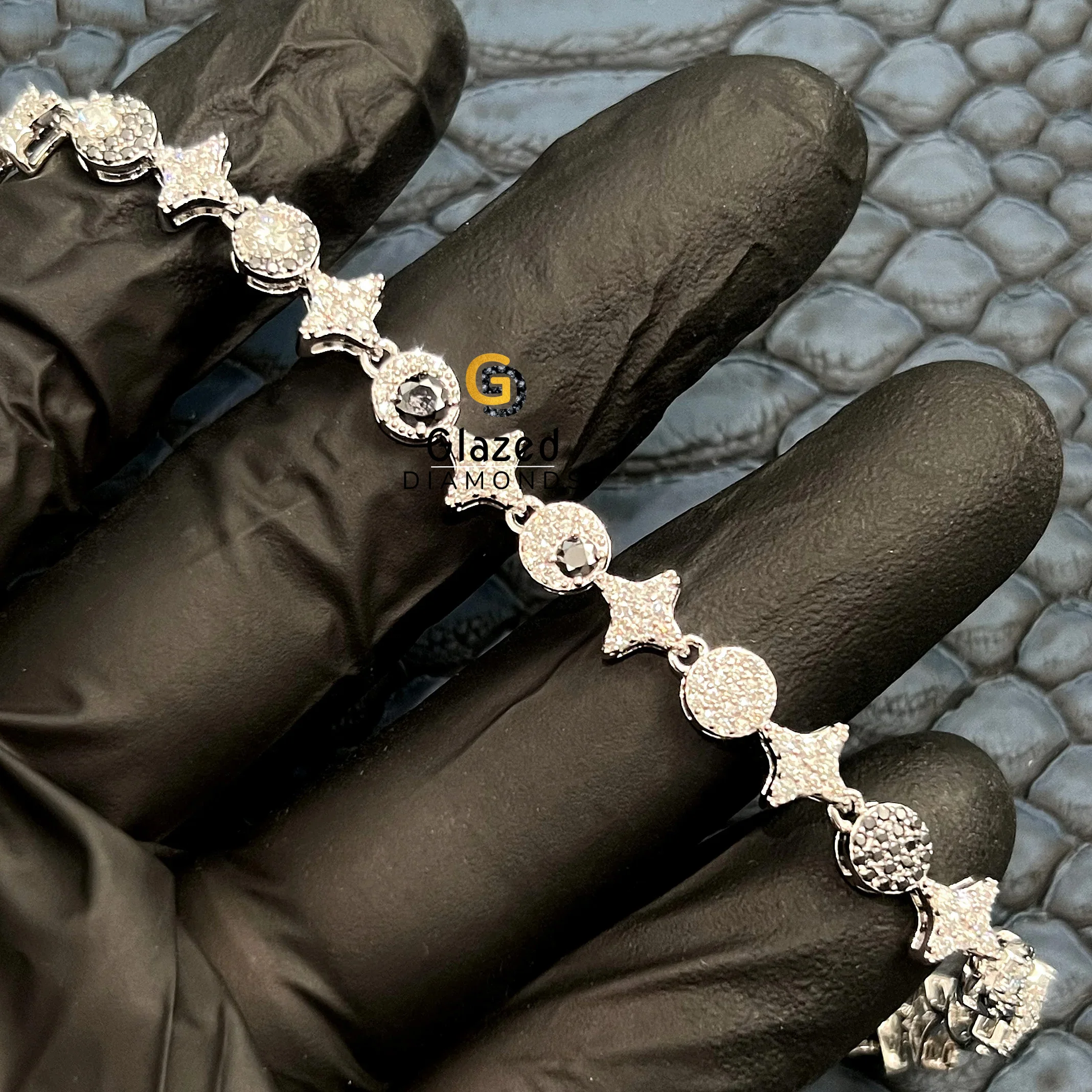 Exclusive 925 Sterling Silver Link Star Moon Party Wear Chain Crafted With Round Cut Moissanite Black And White Color Diamonds