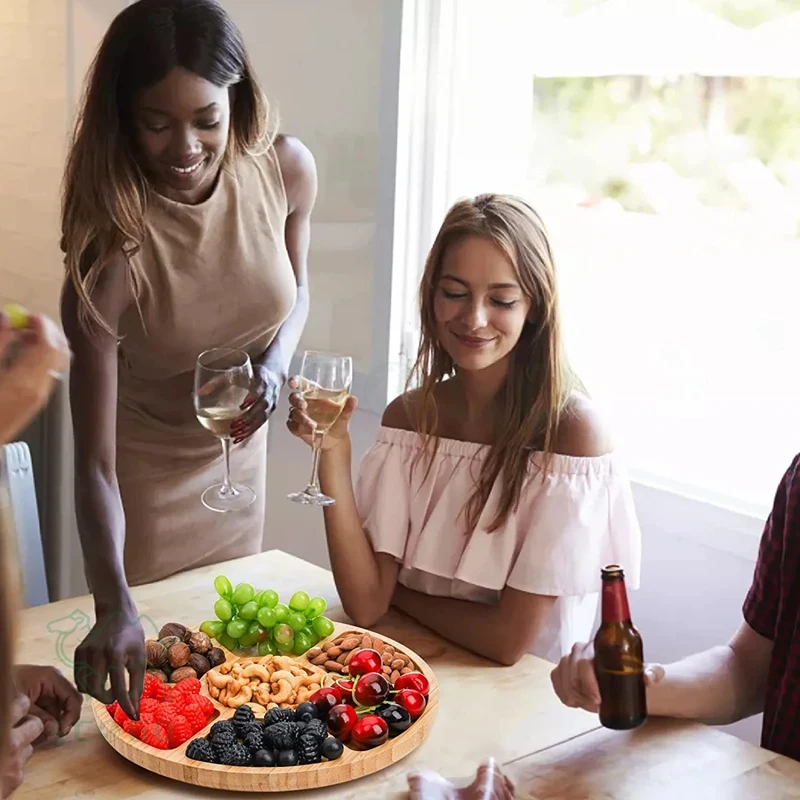 Wooden Divided Serving Tray, Veggie Tray Container Bowls, Relish Sectional Snack Tray with 7 Moveable Compartment