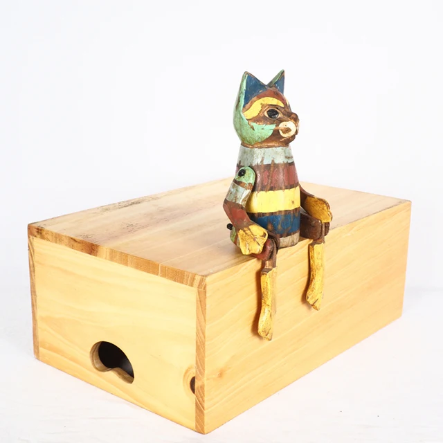Wholesale Wooden Cat Figurine Home Decoration, Wooden Toy Painted Cat Hand Carving, Hand Painted Wooden Decoration
