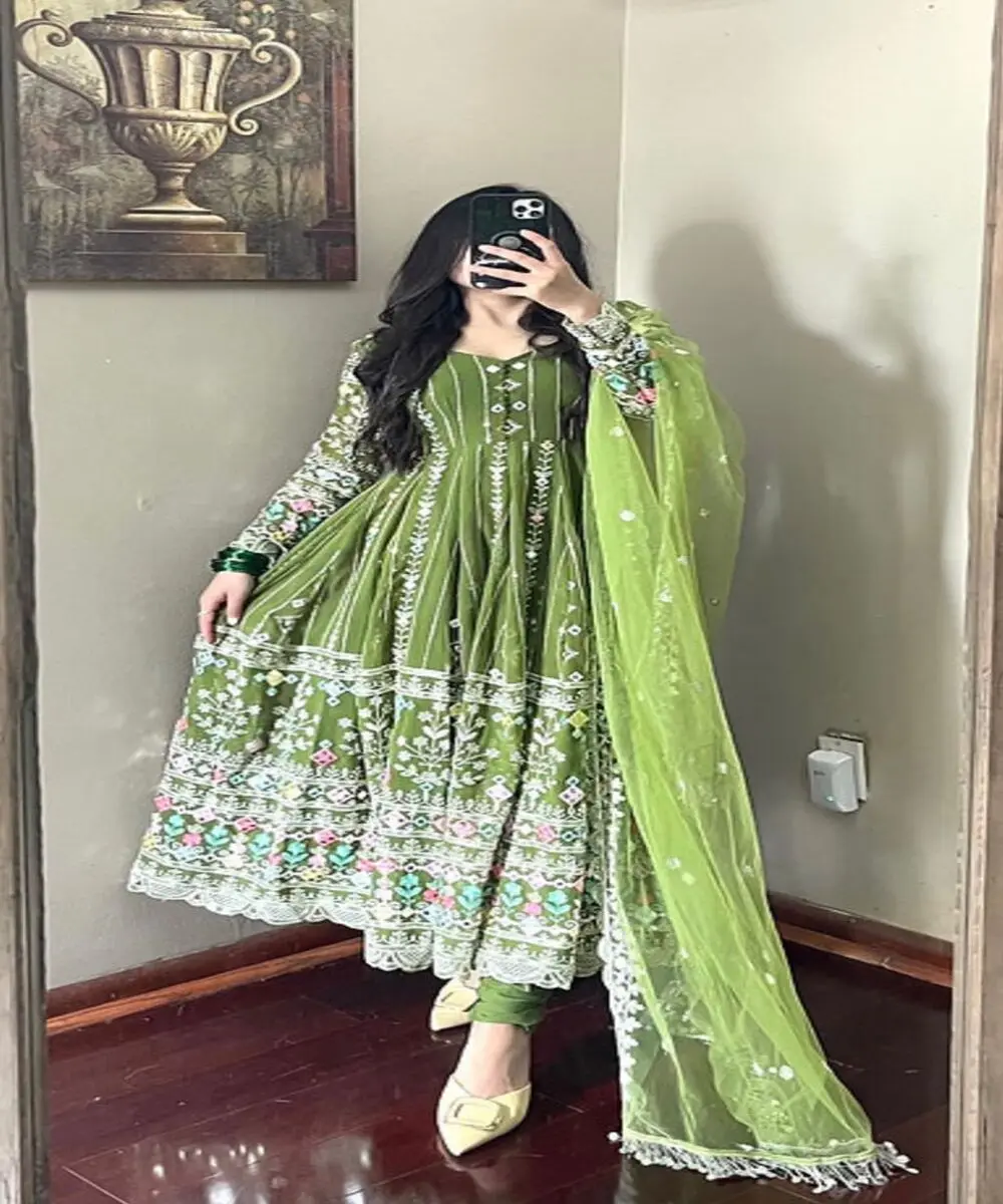 Latest design beautiful orange color embroidery work border long gown with dupatta for Indian women in ethnic garment