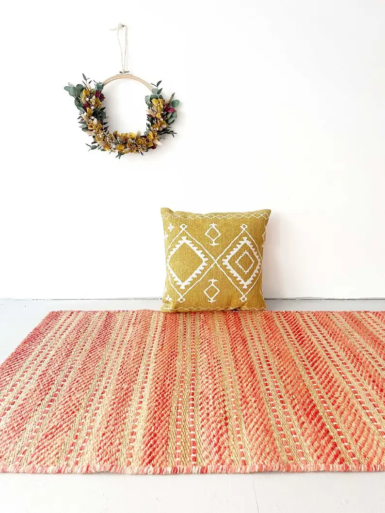 Farmhouse-Style Anti-Slip Area Rug Handmade Jute Cotton Wool-Mat Carpet for Bedroom Kitchen Living Room Door Entry Floor Carpet