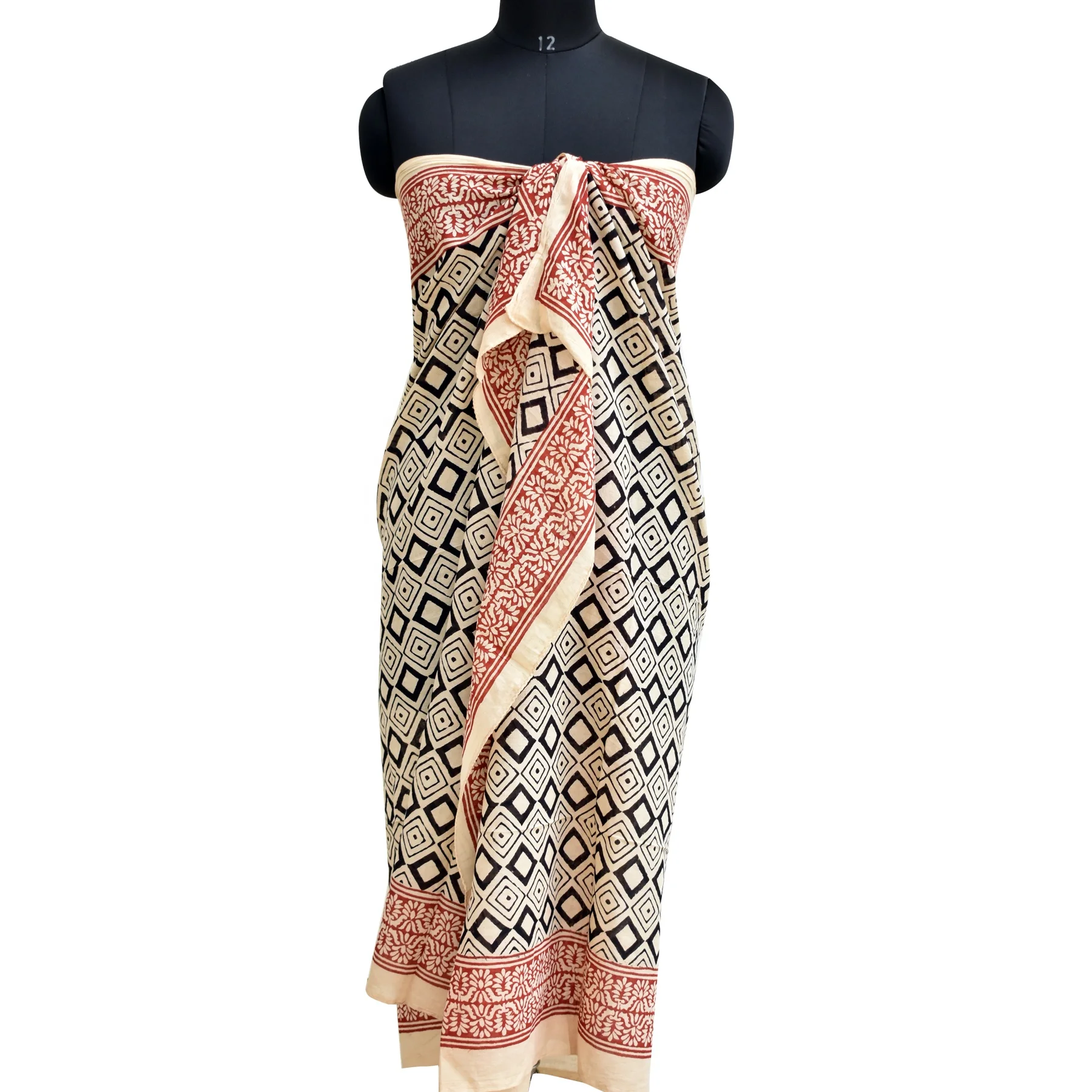 Fashion Long Large Cotton Sarong Sanganeri Block Printed Scarf Handmade Beach Cover Ups White Voile Scarves Pareo Wholesale