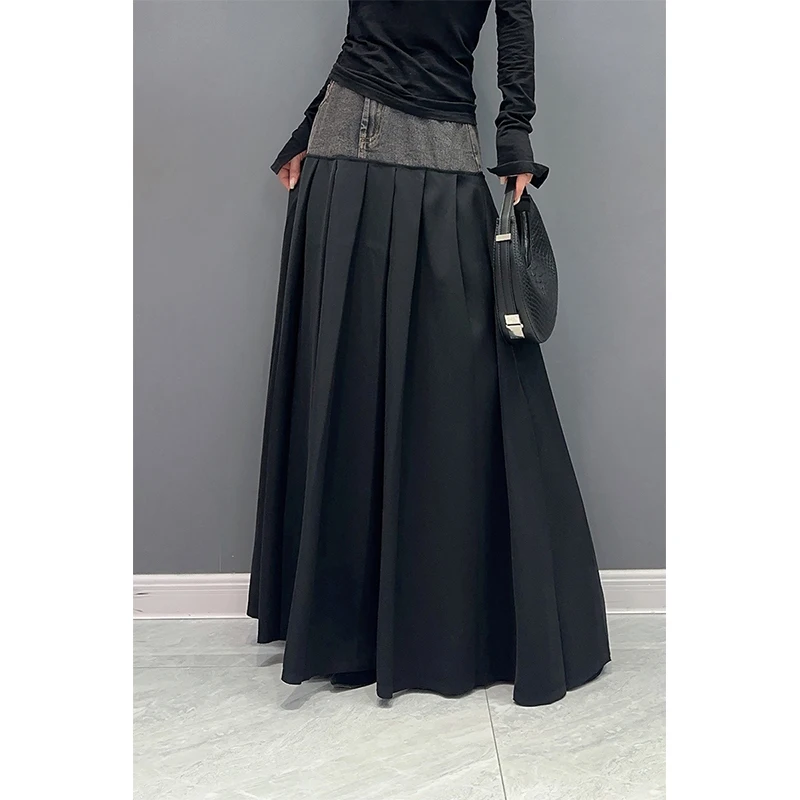 2023 autumn winter korean style skirts casual plus size denim stitching pleated long skirt slim fit trendy new arrivals skirts