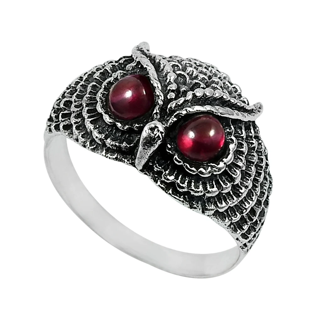 Birds Owl Shape Ring 925 Sterling Oxidized Silver Natural Red Garnet Gemstone Elegant Look Stylish Casual Ring Handmade Jewelry