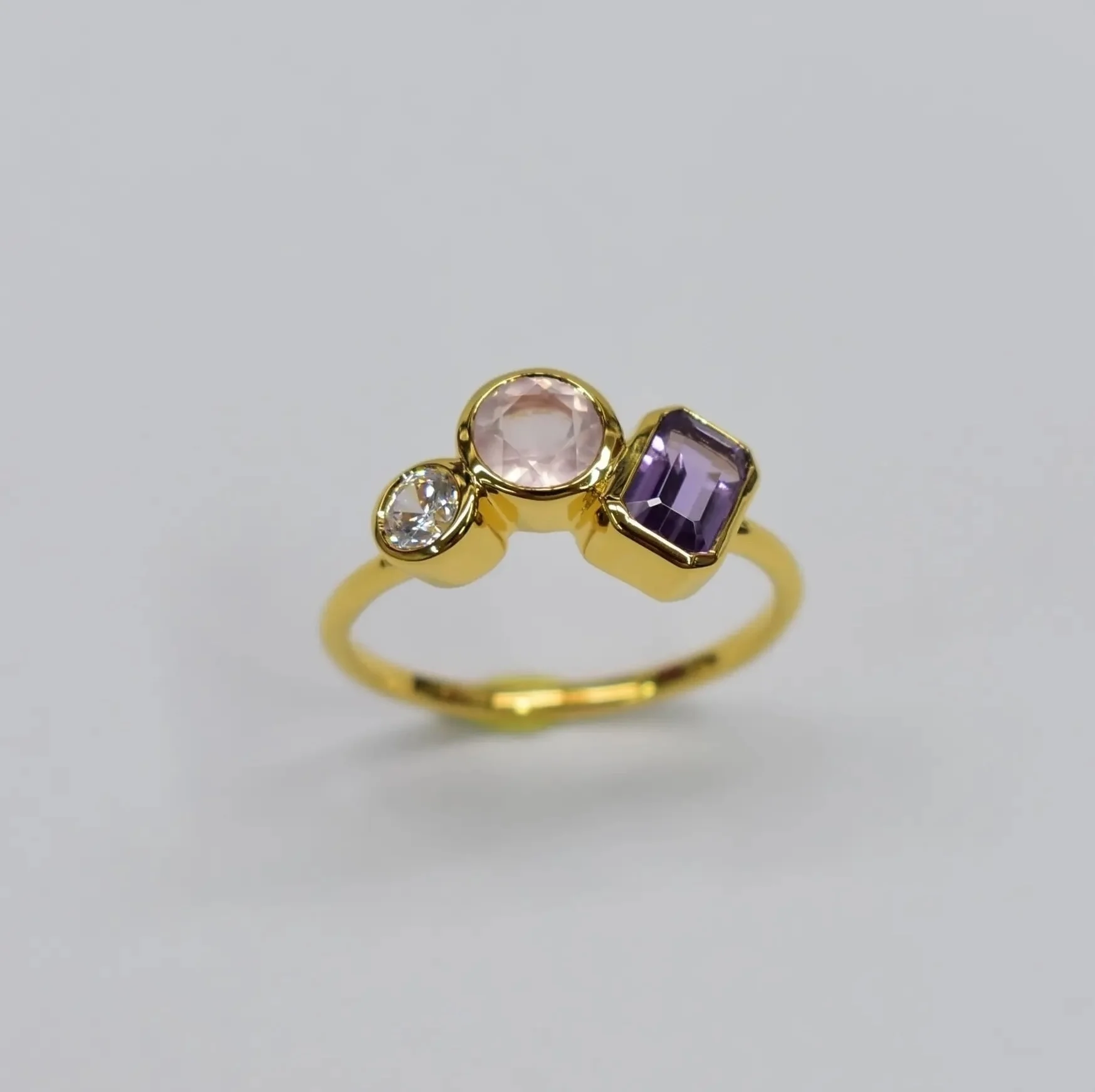 Wholesale factory price in stock S925 14K gold plated Classic natural Rose quartz and Amethyst Ring Customizable for retails