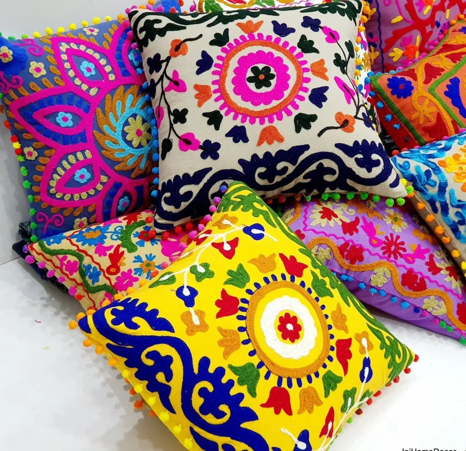 Suzani Embroidered Pillow Cover 16x16, Indian Outdoor Decorative Throw case, Pom Pom Cushion Cover
