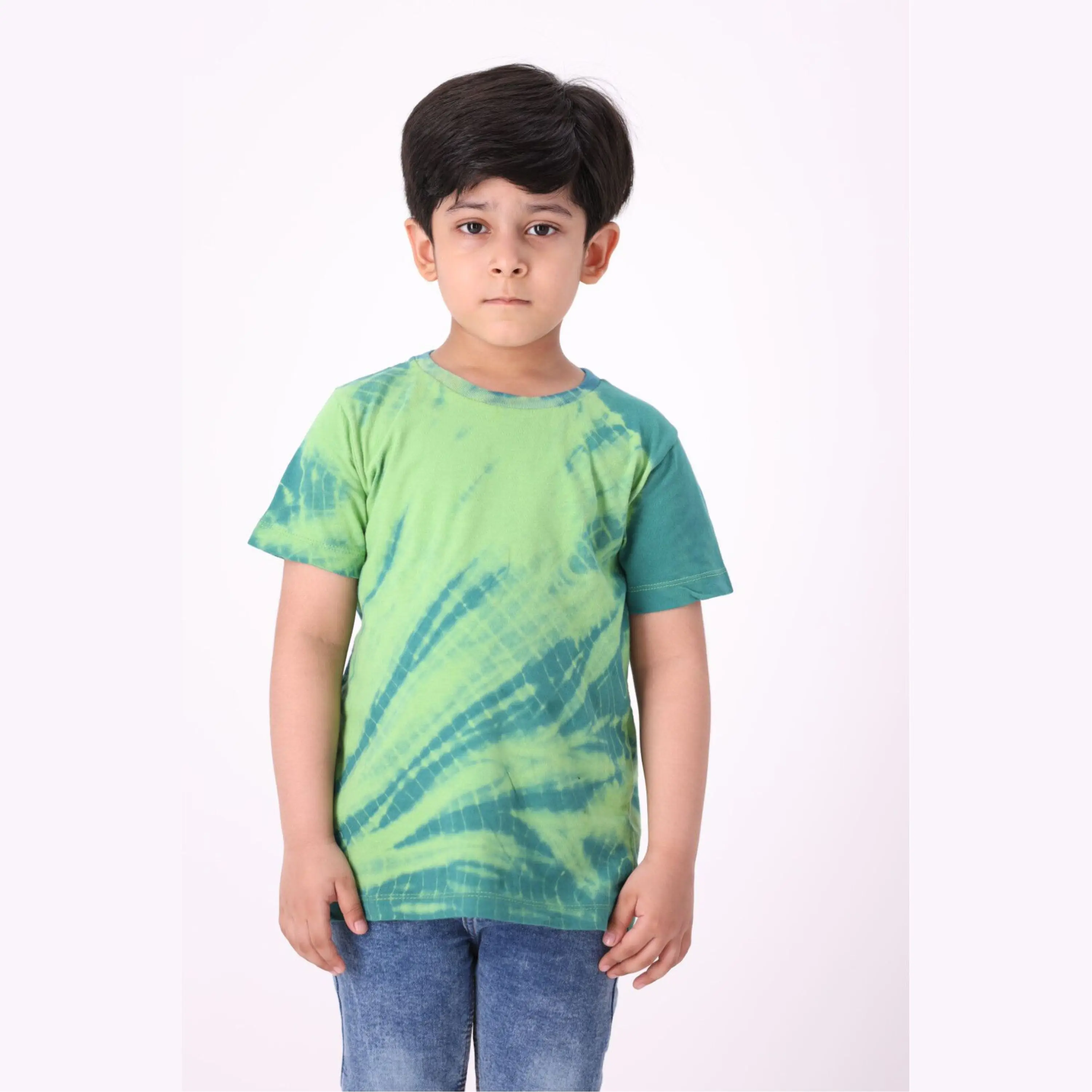 100% Knitted Pure Cotton Fabric Regular Length Round Neck Half Sleeves Parrot Tie and Dye T Shirt for Boys