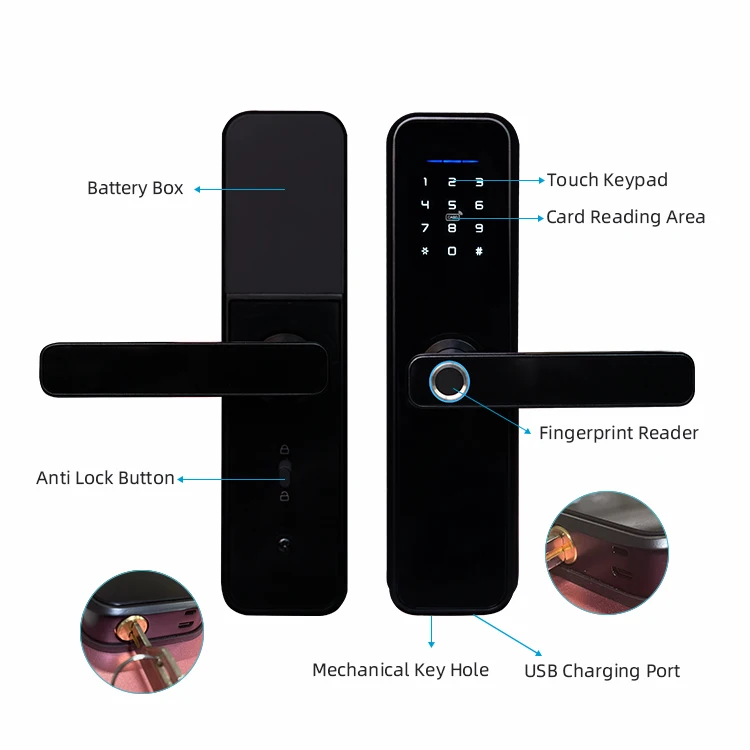 Factory Direct Safety Fingerprint Locks Screen Electronic Finger Touch Handle Home Locker Apartment Ttlock Tuya Smart Door Lock
