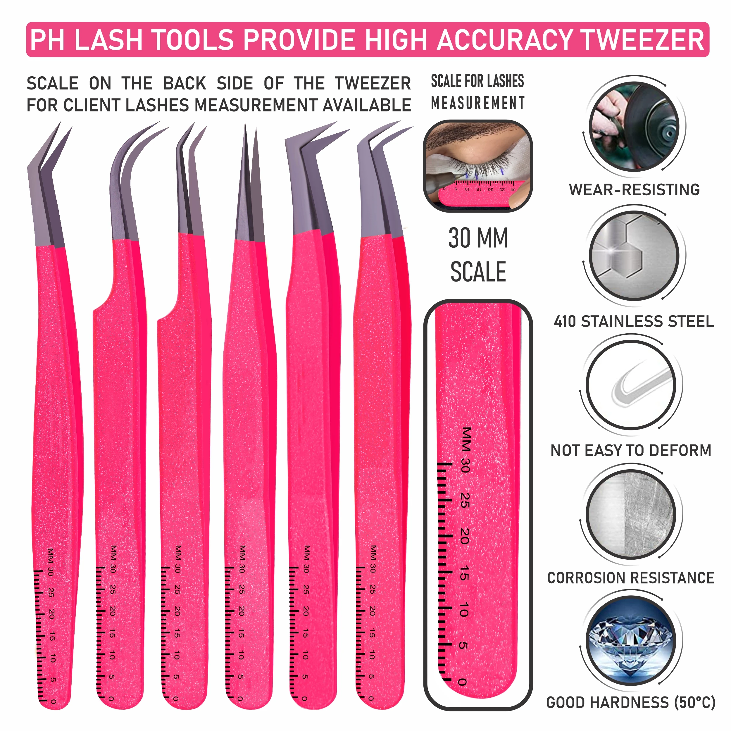Eyelash Extension Tweezers Set of 6 Pieces Sand Blast Tip and Fluorescent Coated with Magnetic Case Private Label