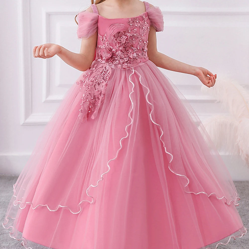 Cold Shoulder Sequin Embroidery Big Girls Wedding Party Ball Gown Beaded Blush Pink Wedding Flower Girls Dresses with Appliques
