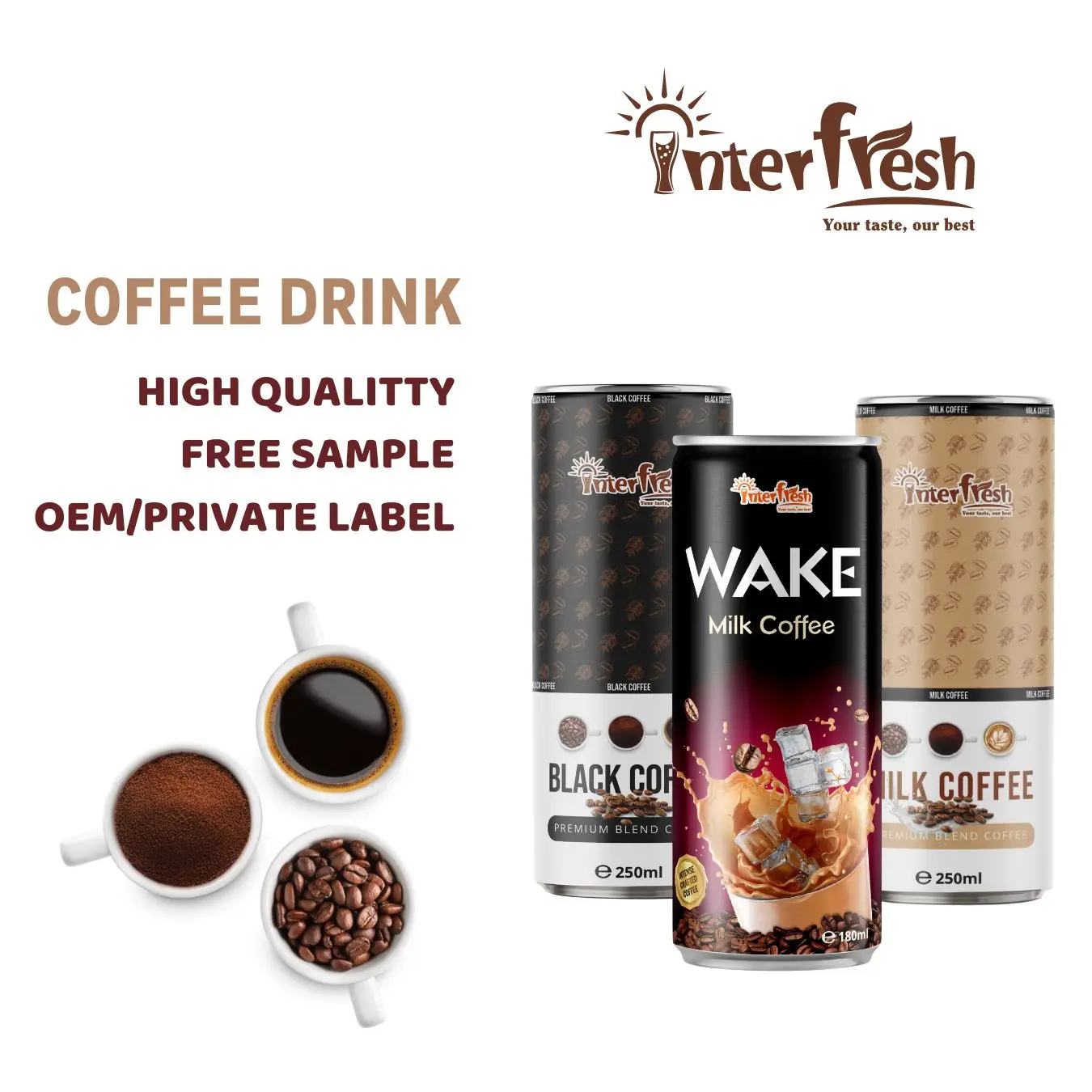 INTERFRESH High Quality Instant Black Coffee Drinks 250mk Robusta Arabica OEM Free Milk Coffee Sample Low Price Sugar Flavor