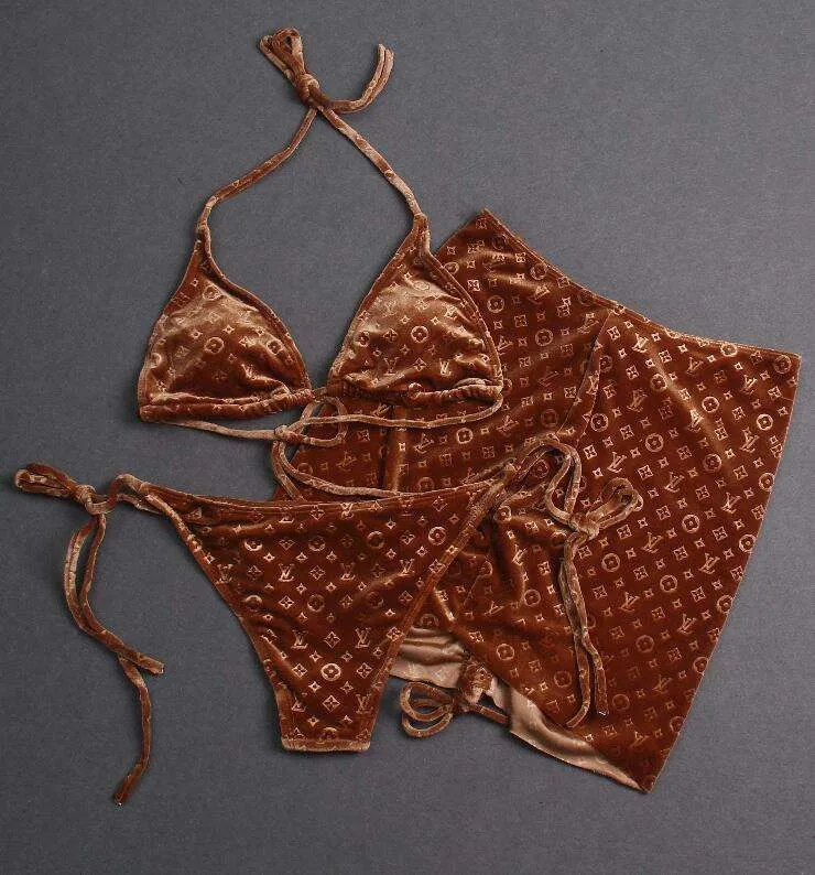 NEW STOCK 2Colors 3Pieces Luxury Brand Velvet Swimwear Sexy Girls Designer Bikini Set With Cover Ups
