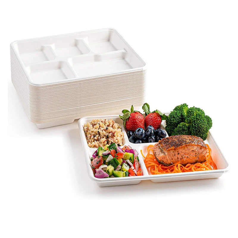 100% Biodegradable Compartment Bagasse Food Trays Disposable White Sugarcane Bagasse Tray for Food