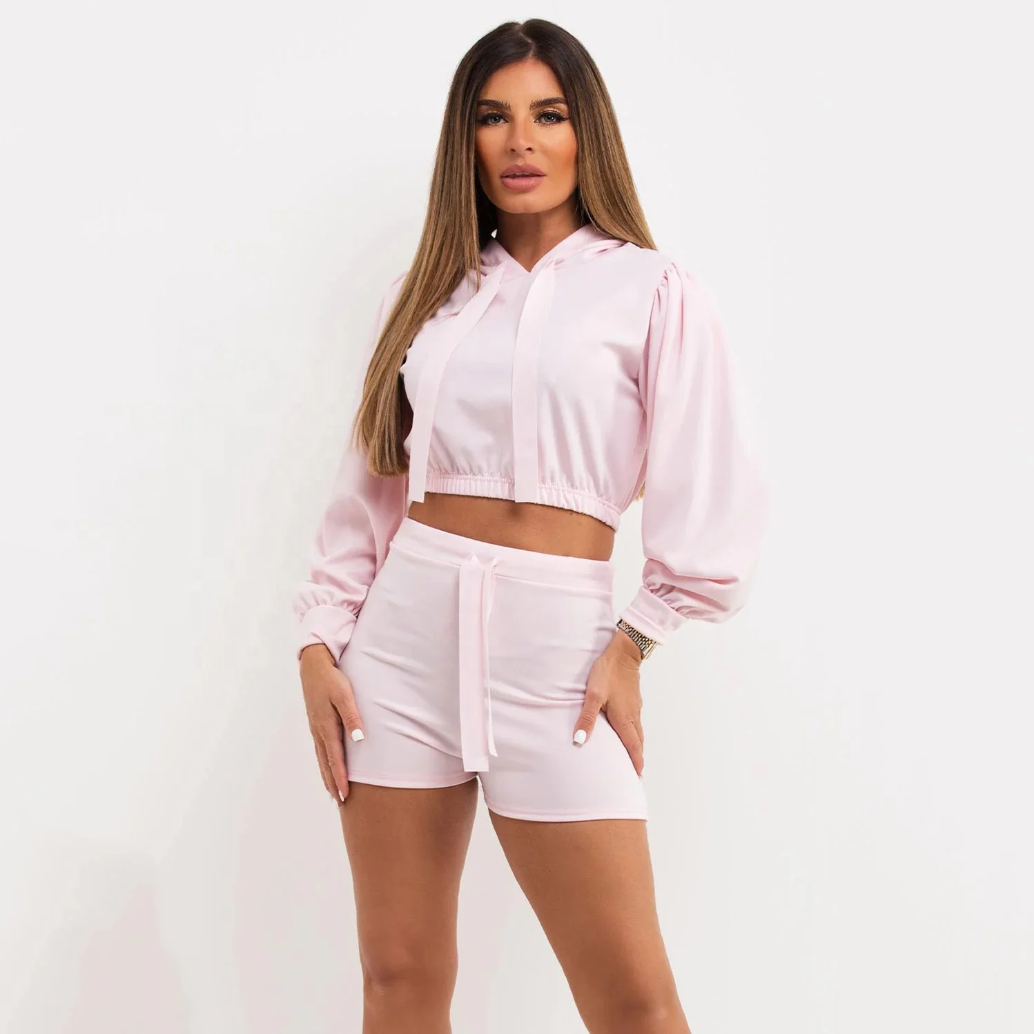 Baby Blue Crop Hoodie And Shorts Set Fashionable Crop Top Hoodies Women Two Piece Set Slim Fit Women Crop Hoodies And Shorts