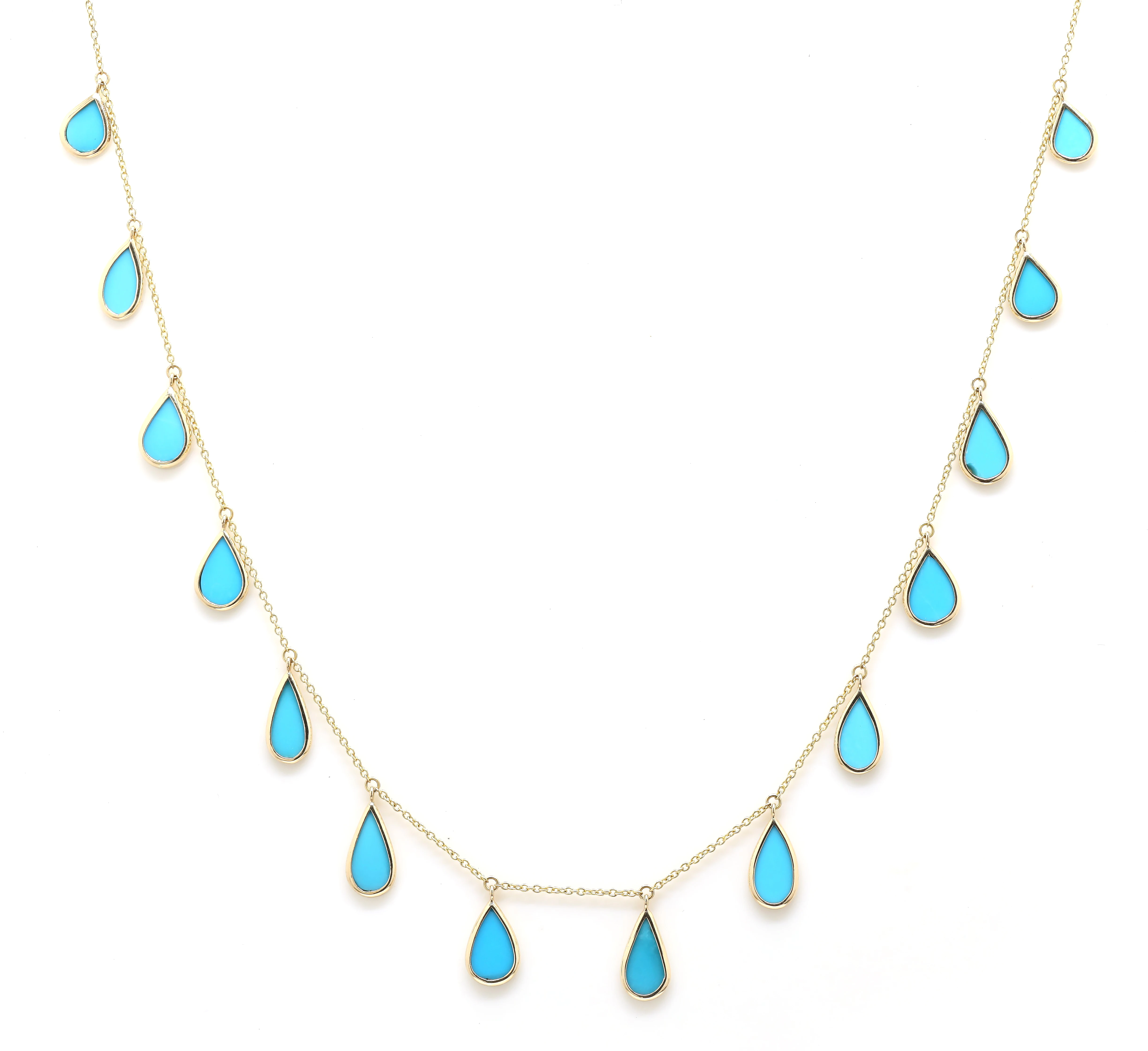 Handmade Natural Pear Turquoise Drop Charms Necklace 18K Solid Yellow Gold Chain Link Dainty Necklace Fine Jewelry For Women