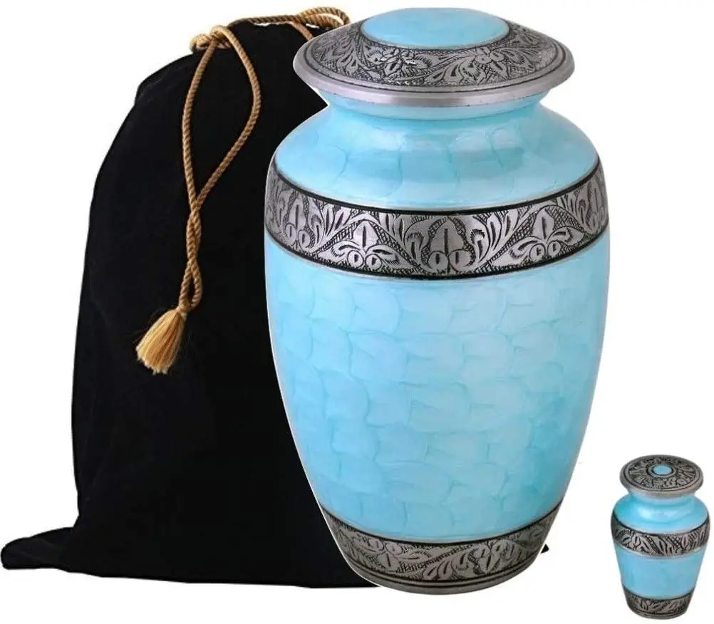 Spring Green Beautiful Enameled Cremation Urn for Ashes Adult Size Urns Solid Aluminium Burial Urn Funeral Wholesale Supplies