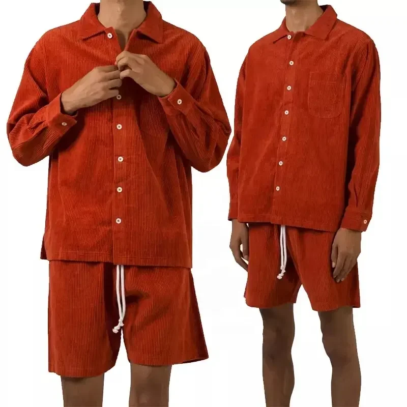 Color Block 2 Piece Set Short Sleeve Collar Shirts Shorts For Men Summer Outfit 100% Cotton Corduroy Men Shorts Set
