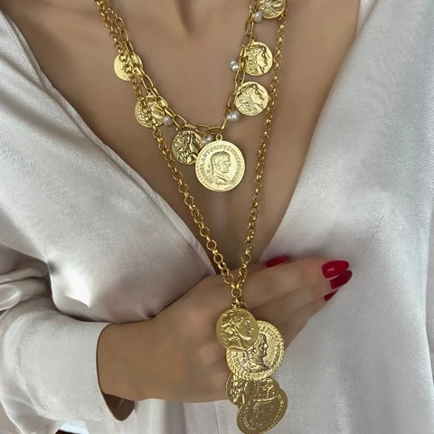 Women Latest Gold plated Coin  Necklace  long chain necklace Fashion Dress clothing Statement Necklace Costume Jewelry