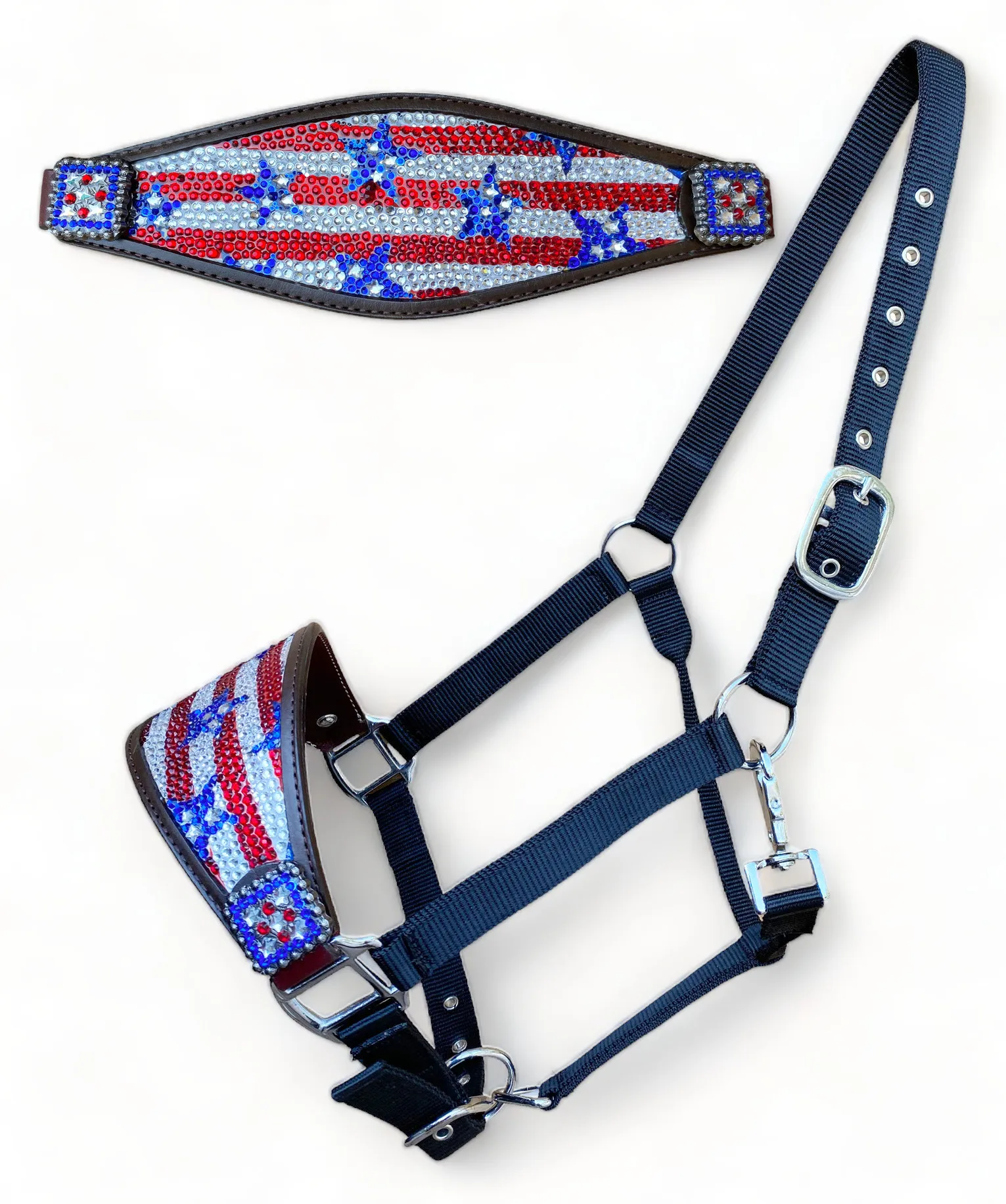 OEM Western Horse Bronc Halter аргентинский кожаный горный хрусталь Украшенный флаг США дизайн на заказ SS Fitting Conchos полностью регулируемый