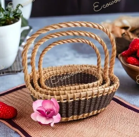 Cane Bamboo Oval Basket for Multipurpose Uses for Hamper Chocolate Flower Pooja Cane Basket Festival Gifts  Set of 3 baskets