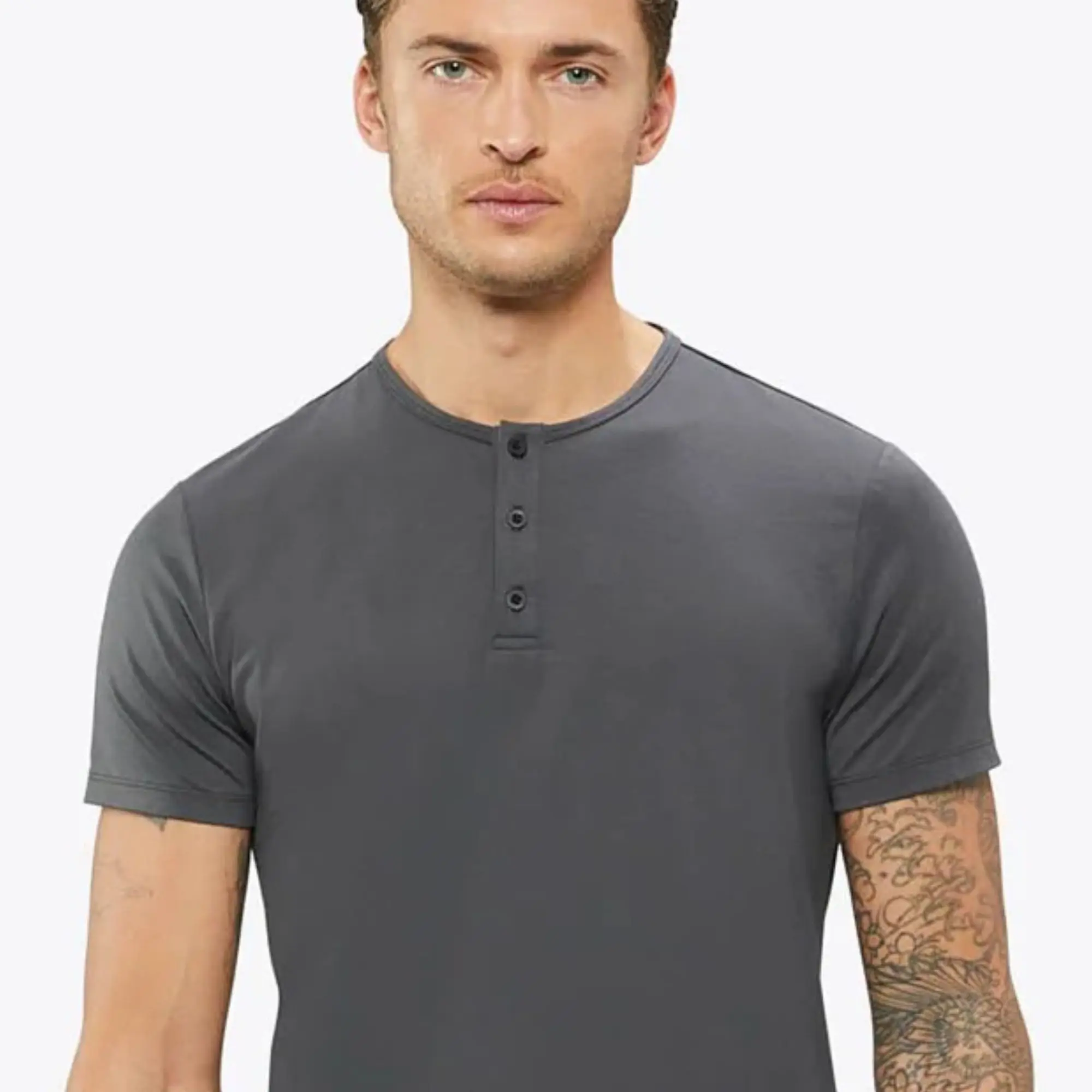 Buttery Soft Henley Shirt 62% Polyester, 33% Cotton, 5% Spandex, Signature Fit, Curve-Hem, Graphite