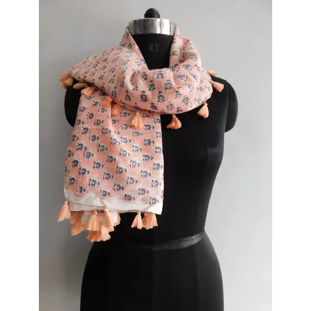 Pink Soft Cotton Women Summer Wear Scarf Indian Hand Block Floral Printed Tassel Shawl Stole Bandana Dupatta