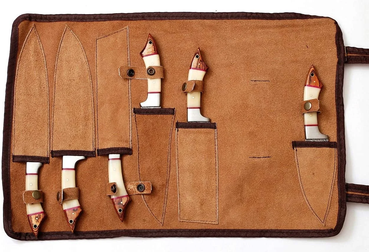 Handmade Damascus chef knives 6 Pcs  Complete set  Leather Sheath Bone handle