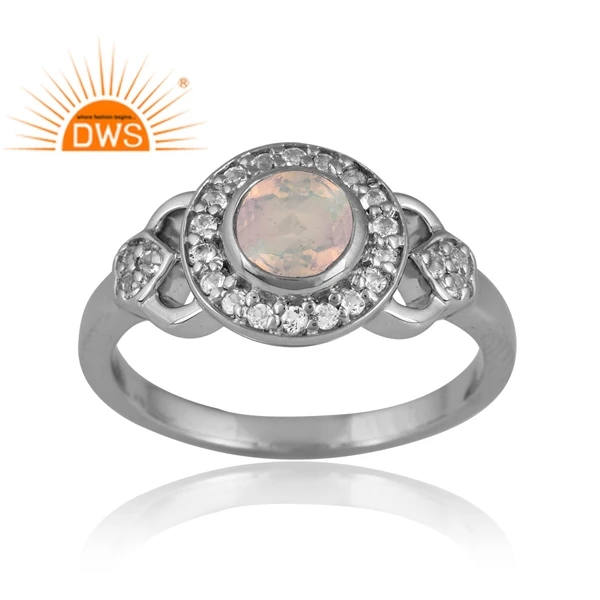 New Design Silver Palladium Plated Natural Ethiopian Opal & White Topaz Ring For Women Custom Design Jewelry Supplier