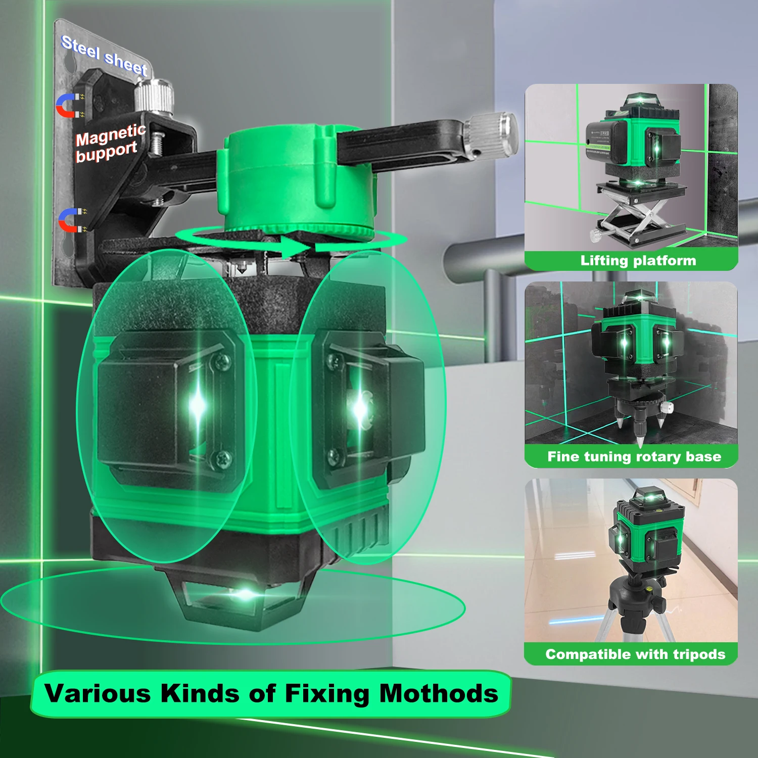 Green 360 Self Leveling Rotary Laser Level 4D 16 Lines Horizontal&Vertical Cross Line Laser Surveying Measuring Tools