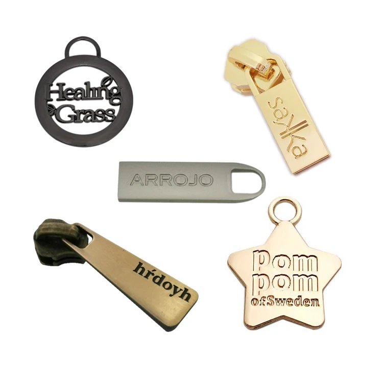 Custom Engraved Logo Metal Brand Zipper Pull Charms, Custom Made Bag Metal Zipper Slider Puller For Handbag Garment