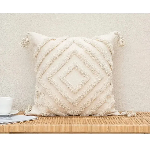 Boho Decorative Throw Pillow Case Handmade Tufted Cushion Case With Tassel Custom Bohemian Macrame Weave Boho Cushion Cover