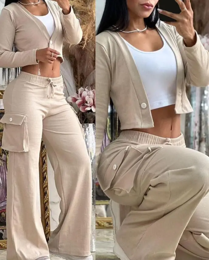 2024 Two-Piece Patchwork Wide-Leg Pants Pocket Short-Sleeved Top Latest Styles Custom Acid Wash Set Women Suits Office Formal