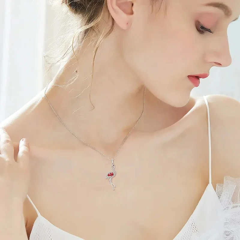 CDE YP1620 925 Sterling Silver Necklace Bird Crystal Stone Jewelry Pink Flamingo Pendant Necklace For Women