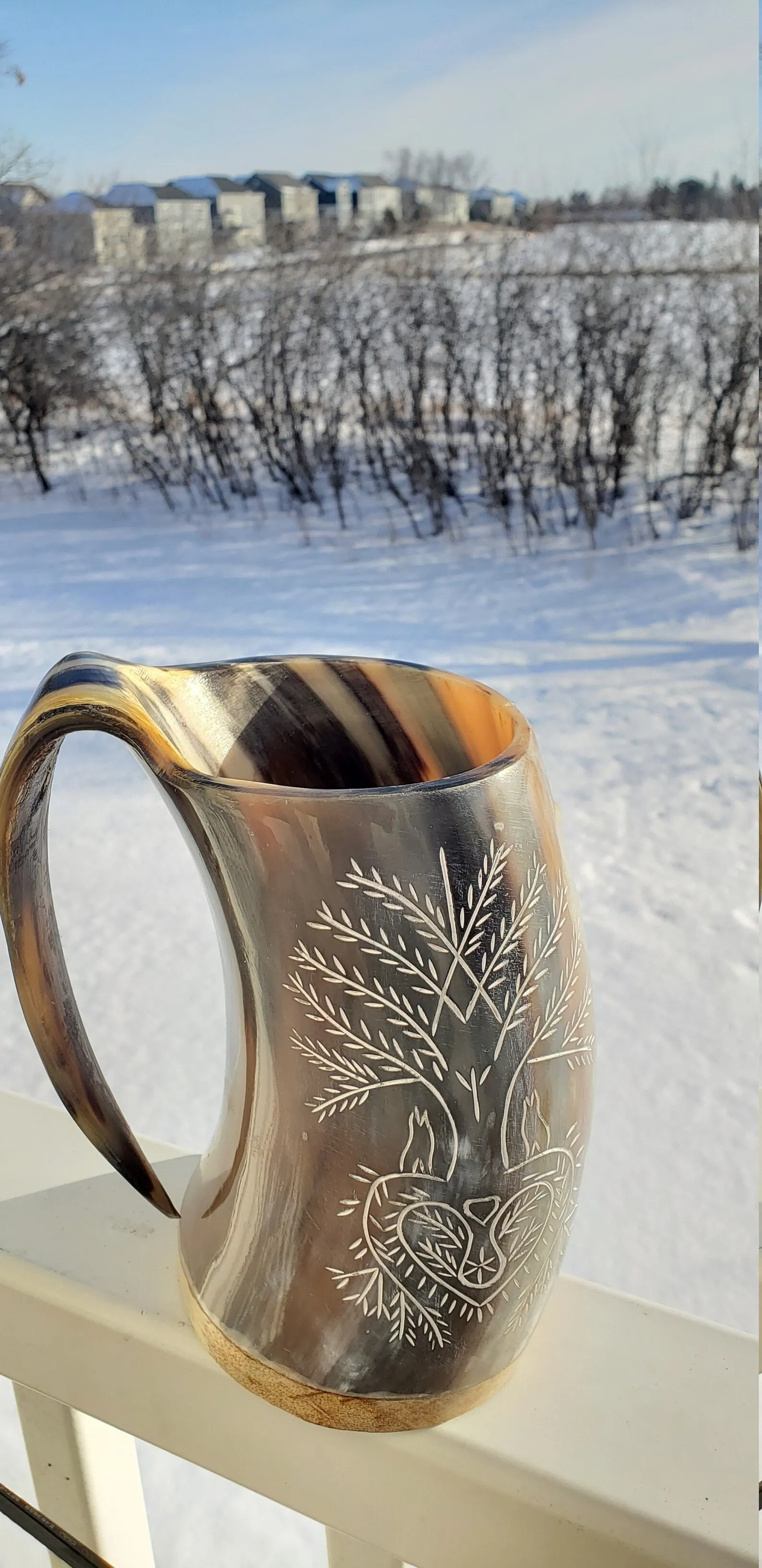 Large Exclusive Viking Tree Life Heart Roots Wolves Design Natural Craft Horn Mug Tankard for Birthday Christmas Decorative